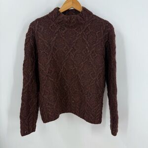 Paul James Vintage 1990s 100% Wool brown 3D Cable Knit high neck Sweater M